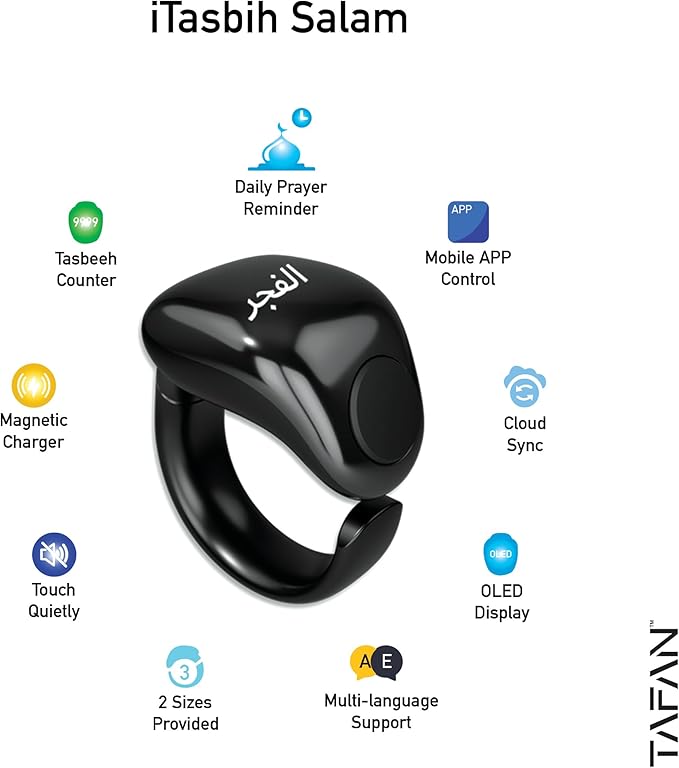 TAFAN™ Smart Tasbih Counter Zikr Ring, Digital Tasbeeh Counter with OLED Display & APP Support, Magnetic Charging Muslim Islamic Ring, Waterproof Finger Counter for Muslims, Prayer, Reminder, Black