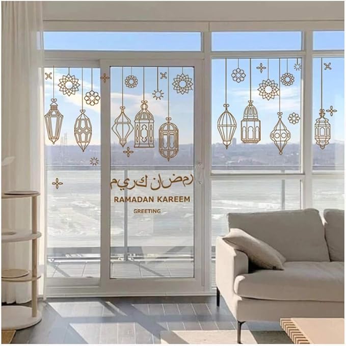 bpa HAIEED Islamic Muslim Wall Decor Stickers,Eid Mubarak Ramadan Glass Lantern Stickers Decals, Window Clings for Eid Ramadan Decorations ForHome Living Room Bedroom Decorations Wallpaper