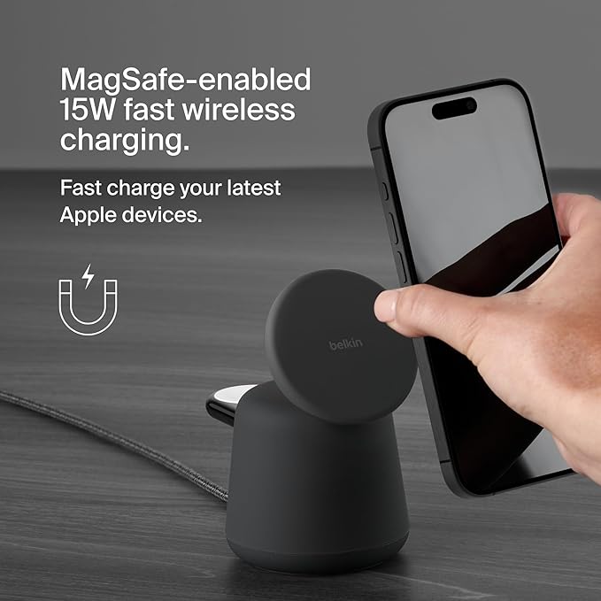 Belkin BoostCharge Pro 2-in-1 Wireless Charging Dock with MagSafe 15W Fast Charge iPhone Charger Compatible with iPhone 16, 15, 14, 13, and 12 Series, AirPods, and Other MagSafe Enabled Devices