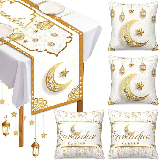 Yoawllty Ramadan Decorations, 5pcs RamadanTable Decorations with Ramadan Table Runner and 4 Pcs Decorative Pillow Covers(White)