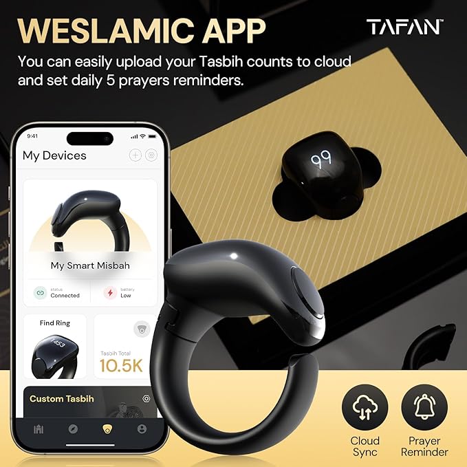 TAFAN™ Smart Tasbih Counter Zikr Ring, Digital Tasbeeh Counter with OLED Display & APP Support, Magnetic Charging Muslim Islamic Ring, Waterproof Finger Counter for Muslims, Prayer, Reminder, Black