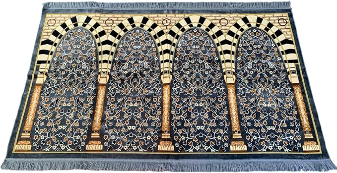 Muslim Prayer Rug | Family prayer mat | Four-person | Islamic | Musalla | Multicolor | Ornate design | Geometric patterns | Arched Fringed edges | Velvet texture | 4-person (Grey).