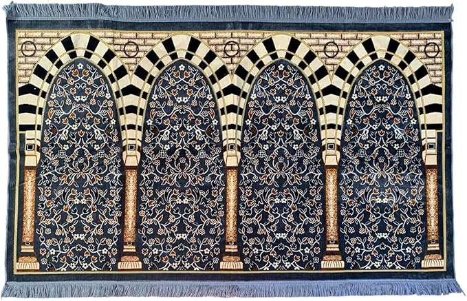 Muslim Prayer Rug | Family prayer mat | Four-person | Islamic | Musalla | Multicolor | Ornate design | Geometric patterns | Arched Fringed edges | Velvet texture | 4-person (Grey).