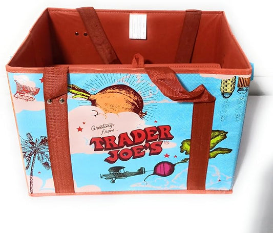 Trader Joe's Reusable Shopping Tote, Collapsible Stand-Up Design, Brown and Blue