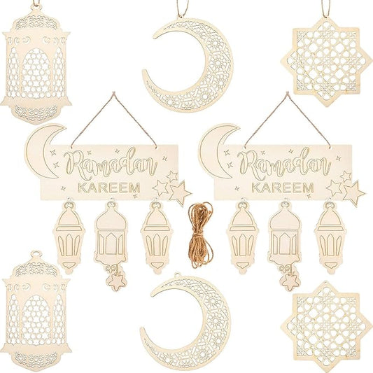 Chielor 8 Pieces Ramadan Decorations, Eid Mubarak Ornament Hollow Wooden Pendant Ramadan Ornament Hanging Moon Lantern Star Shape Ornament for Muslim Islam Festive Home Room Table Decoration