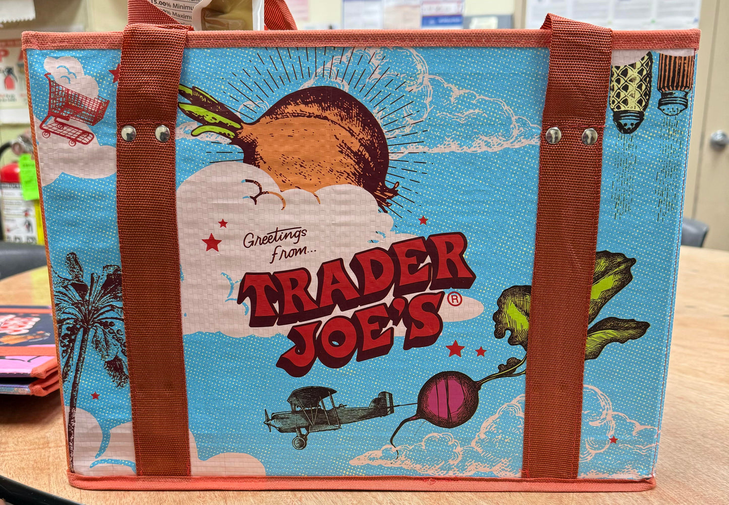 Trader Joe's Reusable Shopping Tote, Collapsible Stand-Up Design, Brown and Blue