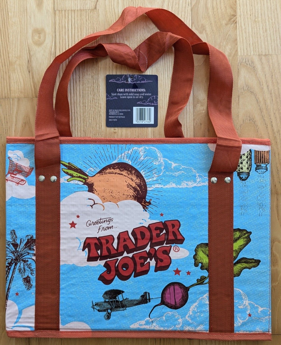 Trader Joe's Reusable Shopping Tote, Collapsible Stand-Up Design, Brown and Blue